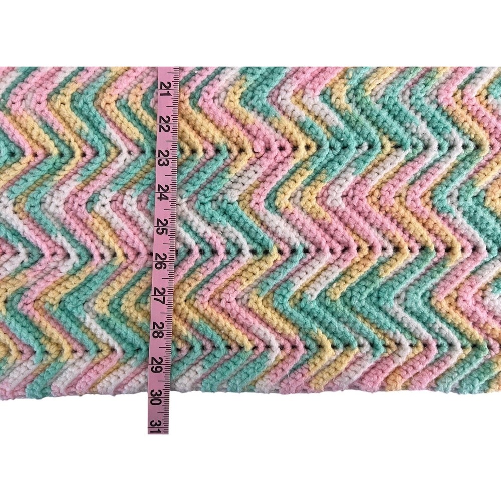 Handmade Crochet Chevron Throw Blanket Pastel Pink Yellow Green Zig Zag Tassels - Picture 4 of 6